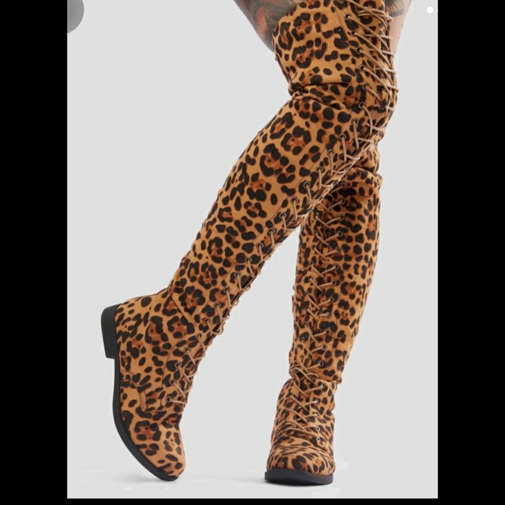 Miss Lola Leopard Over the Knee Boots Size 8
